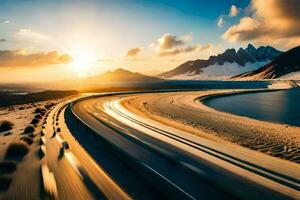 un coche conducción en un autopista con el Dom ajuste. generado por ai foto