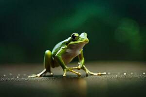 a frog is standing on its hind legs on a dark background. AI-Generated photo