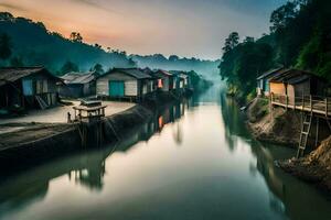 a river in the middle of a village with huts. AI-Generated photo