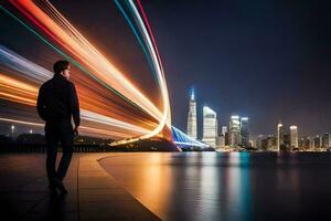 un hombre en pie en el borde de un puente mirando a el ciudad luces. generado por ai foto