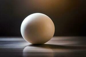 an egg sitting on a table with a blurry background. AI-Generated photo