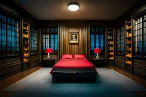 a bedroom with a red bed and bookshelves. AI-Generated photo