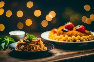 a plate of pasta and a bowl of spaghetti with a strawberry on a wooden table. AI-Generated photo