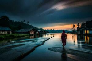 a woman walks along a flooded road at sunset. AI-Generated photo