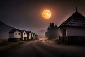 a full moon is setting over a rural road. AI-Generated photo