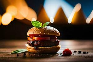 a hamburger with berries and a leaf on top. AI-Generated photo