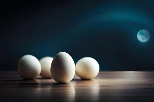 white eggs on a table with a full moon in the background. AI-Generated photo