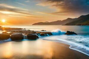 the sun sets over a rocky beach and waves. AI-Generated photo