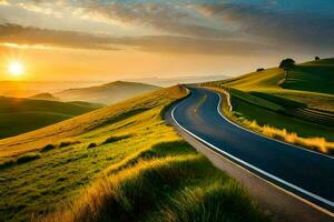 a winding road in the middle of a green field. AI-Generated photo