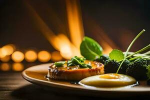 a plate with food on it sitting in front of a fireplace. AI-Generated photo