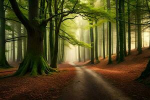 un camino mediante un bosque con arboles y niebla. generado por ai foto