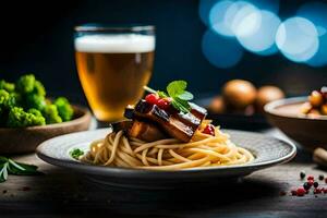 spaghetti with meat and vegetables on a plate. AI-Generated photo