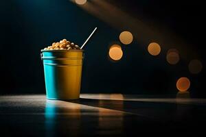 a bucket of popcorn on a table with lights behind it. AI-Generated photo