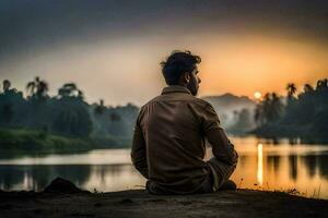 un hombre sentado en el suelo a puesta de sol. generado por ai foto