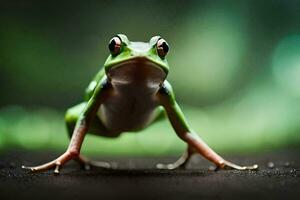 a frog is standing on its hind legs. AI-Generated photo