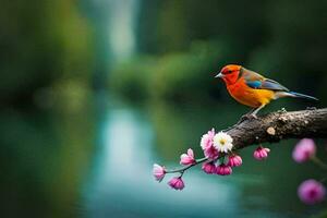 a colorful bird sits on a branch near a river. AI-Generated photo
