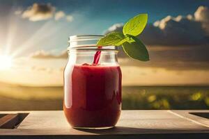 a glass jar with a red smoothie on a table. AI-Generated photo