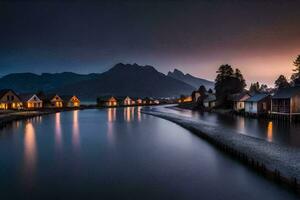 foto fondo de pantalla el cielo, montañas, agua, lago, casas, el oscuro, el montañas,. generado por ai