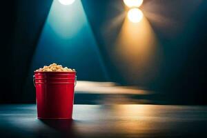 un rojo Cubeta de palomitas de maiz en un mesa en frente de un destacar. generado por ai foto