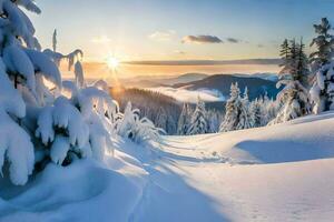 snow covered trees and the sun setting over the mountains. AI-Generated photo