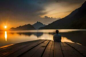 a man sitting on a dock looking at the sun setting over a lake. AI-Generated photo