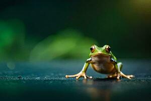 a frog sitting on the ground with a green background. AI-Generated photo