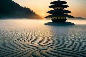 un pagoda se sienta en el arena a amanecer. generado por ai foto