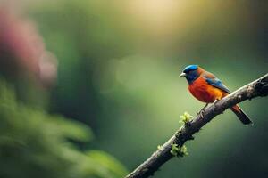 a colorful bird sits on a branch in the forest. AI-Generated photo