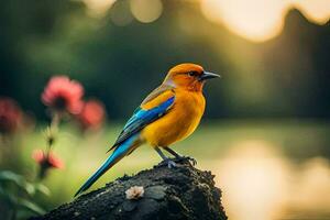 un vistoso pájaro se sienta en un rock cerca un lago. generado por ai foto