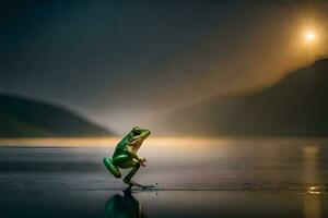 a frog standing on the edge of a lake in the dark. AI-Generated photo
