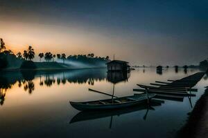 un barco se sienta en el apuntalar de un lago a amanecer. generado por ai foto