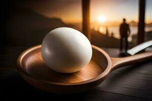 an egg on a wooden spoon with a knife and a man in the background. AI-Generated photo