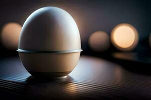 an egg sitting on a table with lights behind it. AI-Generated photo