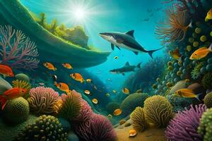 a colorful underwater scene with sharks and corals. AI-Generated photo
