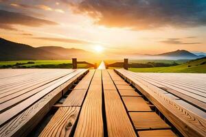 a wooden bridge over a field with the sun setting. AI-Generated photo