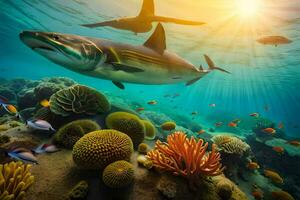 tiburón nadando en el Oceano con coral arrecifes y pez. generado por ai foto
