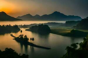 the sun rises over a lake and mountains in vietnam. AI-Generated photo