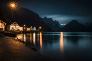 a night shot of a lake and houses on the shore. AI-Generated photo