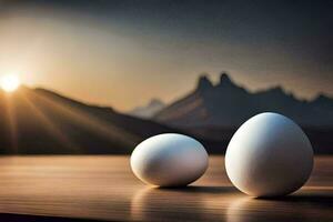 two eggs on a table with mountains in the background. AI-Generated photo