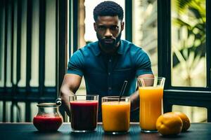 un hombre es en pie en frente de un mesa con jugo. generado por ai foto