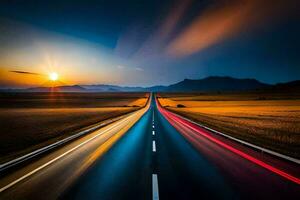 a long exposure photo of a road at sunset. AI-Generated