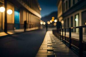 un calle a noche con personas caminando abajo él. generado por ai foto