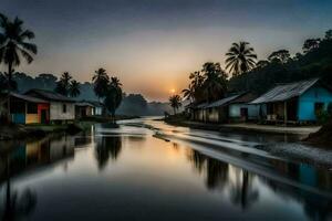 un río carreras mediante un pueblo a puesta de sol. generado por ai foto