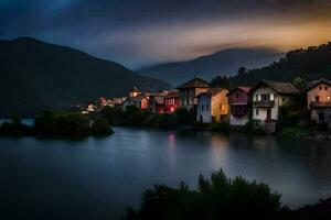 un pueblo se sienta en el apuntalar de un lago a oscuridad. generado por ai foto