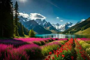 the flowers are blooming in the mountains and the lake is surrounded by flowers. AI-Generated photo