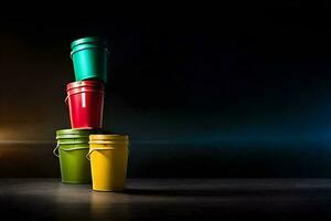 colorful buckets on a dark background. AI-Generated photo