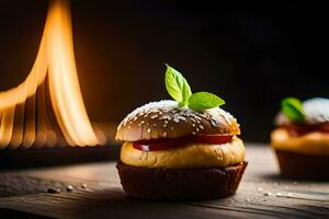 two mini hamburgers with cheese and tomato on a wooden table. AI-Generated photo
