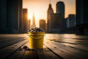 a bucket of coffee beans on a wooden floor in front of a city skyline. AI-Generated photo