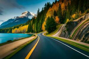 a road with mountains in the background and a lake. AI-Generated photo