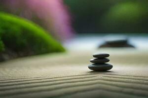 a zen garden with stones stacked on the ground. AI-Generated photo